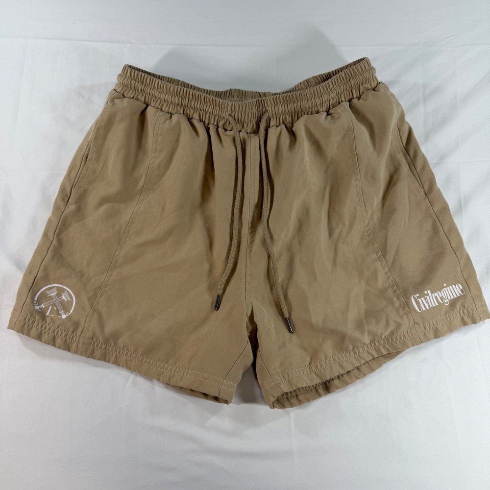 Civil Regime Mens Tan Mesh Lined Active Gym Shorts Size Medium Logo Graphic